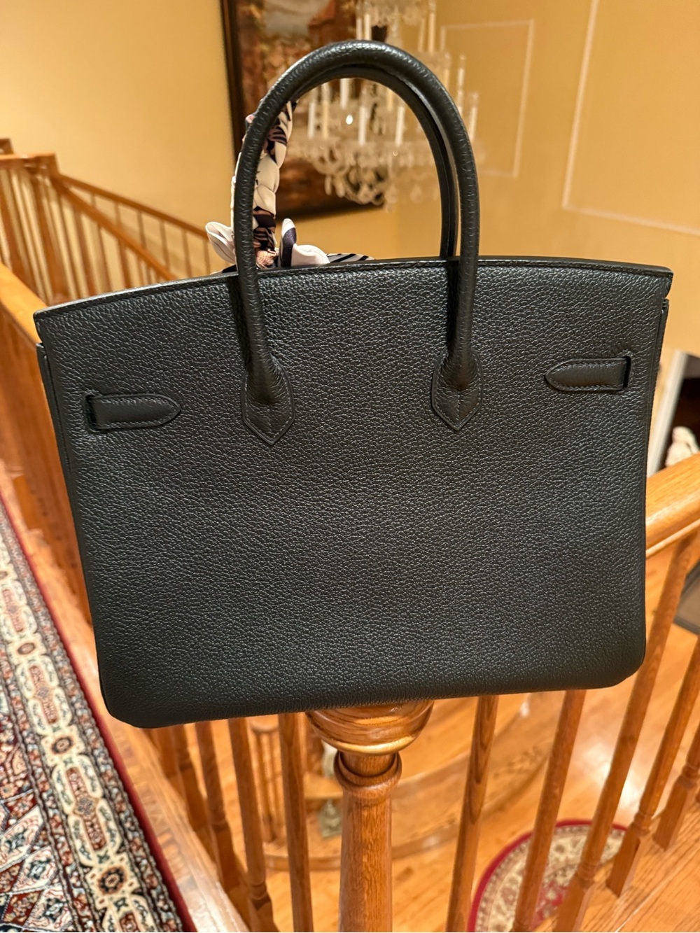 Elegant Black Structured Satchel with Scarf Accent  Togo leather - Picture 7 of 7
